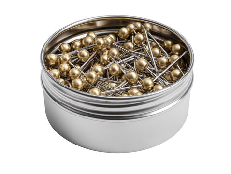 A metallic container filled with numerous golden-headed pushpins, featuring silver shafts, ideal for office or craft use. background removed