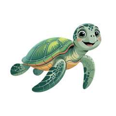 Green baby turtle crawling on white with its shell