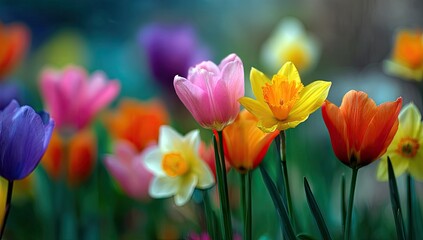 Vibrant tulips and daffodils in a spring garden