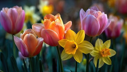 Vibrant tulips and daffodils in a garden bed