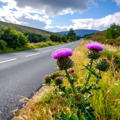 Country road with purple thistle flowers