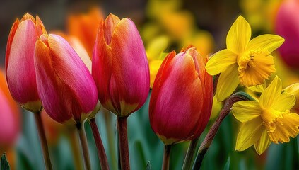 Close-up of vibrant tulips and daffodils.  A cluster of  pink and orange tulips are in sharp focus, while yellow daffodils are softly blurred in the background.  Spring flowers in bloom