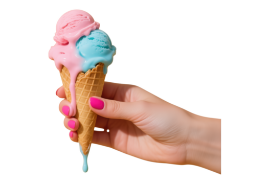 Hand Holding Waffle Cone with Pink and Blue Ice Cream Scoops on Transparent Background, Realistic Illustration for Digital Media - Powered by Adobe