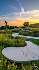 Winding paths in meadow with wildflowers during sunset