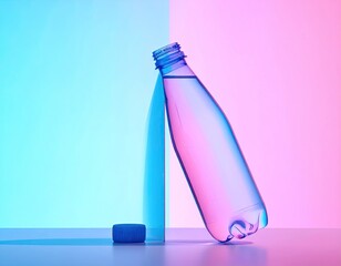 Tilted water bottle, vivid blue/pink background