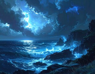 Stormy ocean rocks, waves, and bright sky with lightning
