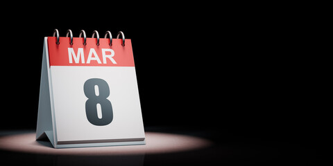 March 8 Calendar Spotlighted on Black Background