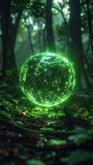 Glowing network sphere amidst a lush, dark forest floor