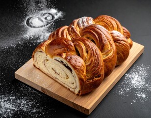 Braided sweet loaf on wood, flour swirl on dark background