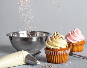 Sprinkles fall on iced cupcakes, bowl, piping bag nearby