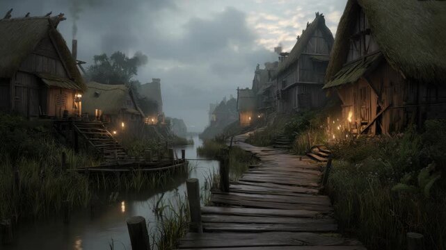 Atmospheric view of a foggy medieval riverside village with wooden houses, lanterns glowing warmly, on a moody dusk background, evoking mystery