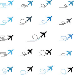  Airplane icon set with flight and travel symbols. Vector illustration of plane with line trace, perfect for transport, aviation, and journey design elements..