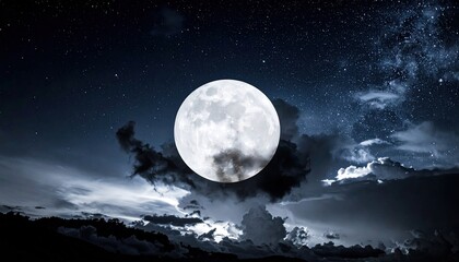 Bright moon glows in dark sky with clouds and stars