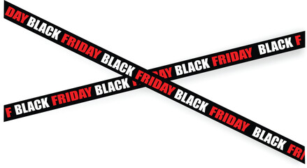 Black Friday Sale Banner Tape – Realistic Crossed Caution Ribbon with Bold Red and White Typography on Black Background