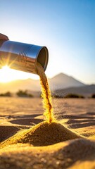 Sand pours from can, desert backdrop, sun shining bright