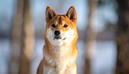 Close-up of a tan Shiba Inu in winter
