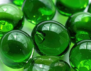 Shiny, translucent green glass marbles on a white surface