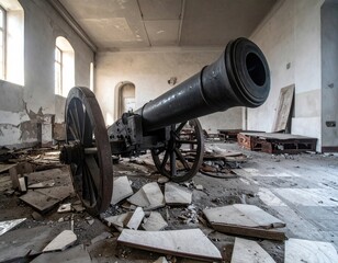 Abandoned cannon sits in a derelict room