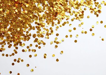 Golden confetti dots scatter across a stark white backdrop