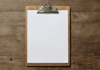 Clipboard holding blank white paper on aged, wooden background