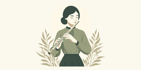 Serene illustration of a woman gracefully playing a musical flute, embodying artistic expression and the joy of melody. A tranquil scene for music enthusiasts and creative projects