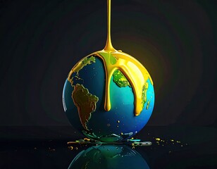 Globe covered in dripping gold liquid, dark background