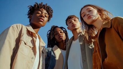 Diverse Group of Fashionable Young Adults Posing Confidently Against a Clear Blue Sky in Trendy Outdoor Attire