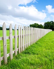 Countryside picket fence under a partly cloudy sky