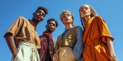 Diverse Group of Fashionable Young Adults Posing Confidently Against Clear Blue Sky in Vibrant Modern Attire