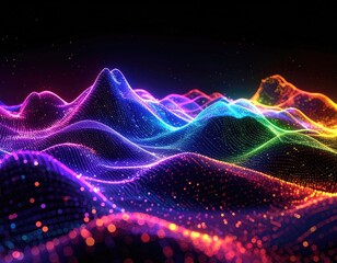 Glowing, wavy, colorful dots form abstract mountain ridges