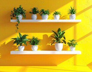 Eight plants in white pots on shelves against textured wall