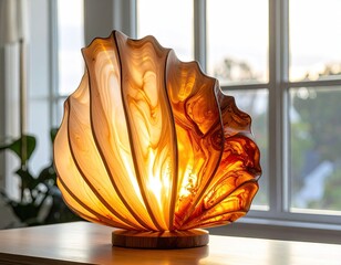 Shell-shaped lamp glows warmly on table, window light