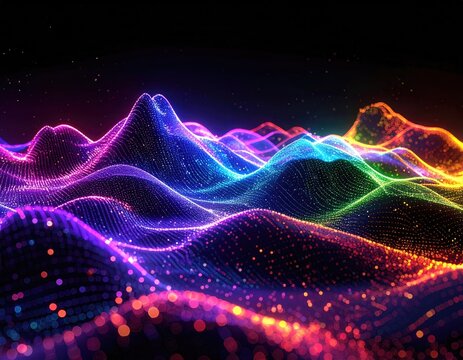 Glowing, wavy, colorful dots form abstract mountain ridges
