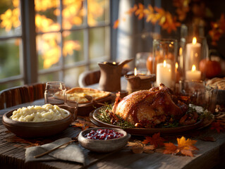 Naklejka premium Cozy thanksgiving feast with roasted turkey and pies