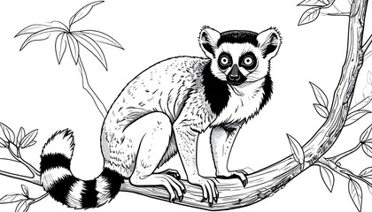 Obraz premium Black and white illustration of a ring-tailed lemur