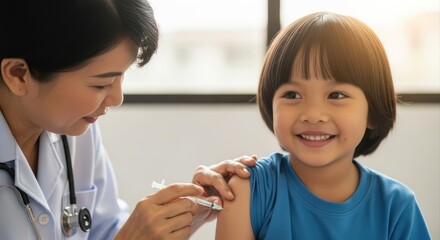 Fototapeta premium smiling asian child receives vaccination from healthcare professional in bright clinic. pediatric care and health checkup concept. medical, educational campaign.