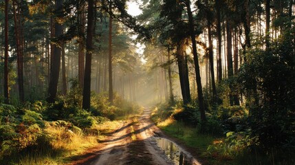 Fototapeta premium Sunlight filters through trees on a dirt path in a peaceful forest