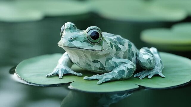 A close-up view of a green frog with big eyes sitting on a lily pad in a pond, surrounded by water and other lily pads.