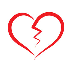 Simple Red Broken Heart Outline Shape Drawing Symbolizing Sadness Pain and Relationship Breakup Concept