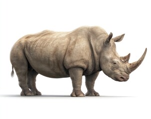 A full shot of a rhinoceros.  Large, light gray rhino, standing, profile view.  Solid white background.  Detailed textures