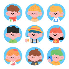 Nine Chibi Character Icons with Transparent Background, Neon Pastel Illustration for Web Design