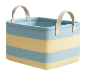 Rectangular fabric basket with strong handles, perfect for storing toys in a child's room.
