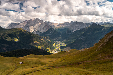 Scenic Mountain Landscape in the Dolomites, Italy.
Alpine Meadow with Peaks and mountain hut and pasture