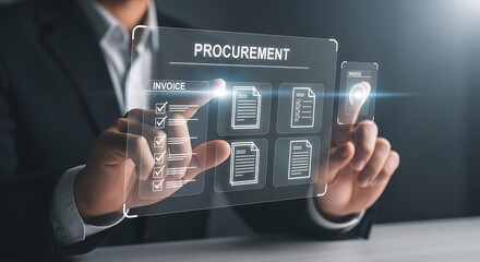 Business professional interacting with a digital procurement interface on a transparent screen