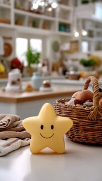 A cheerful yellow star figure sits on a kitchen counter surrounded by baked goods and woven baskets, creating a warm atmosphere