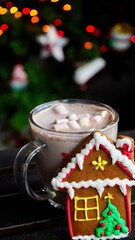 Cup of Hot Cocoa with Gingerbread House Cookie – Cozy Christmas Holiday Scene   