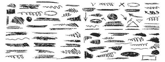 Hand-drawn underlining elements, brush with crayon effect, chalk texture on chalkboard background. Chalk stroke. Vector illustration in children's style. Crayon brush white underline.