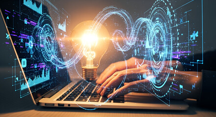 Innovation and Creativity Concept – Hands Typing on Laptop with Glowing Lightbulb and Futuristic Digital Interface