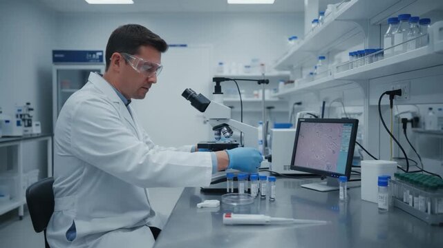 Medium shot of a technician carefully analyzing bull semen samples under lab lighting to enhance genetic traits in dairy cattle breeding.