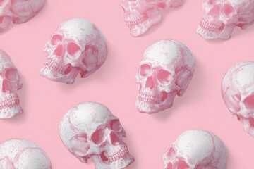 Pink skull pattern.  Many pale pink skulls, various angles, lie on a solid pink background